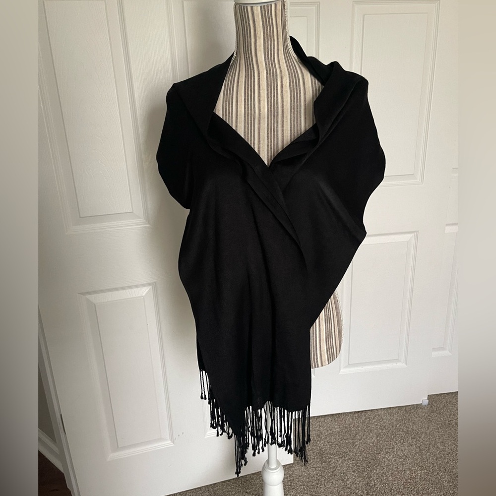 Black lightweight shawl style scarf with fringe detail